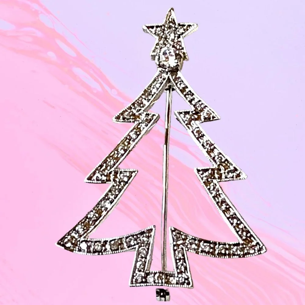 Christmas Tree Vintage Rhinestone Brooch Pin Silvertone + Clear Cut Out